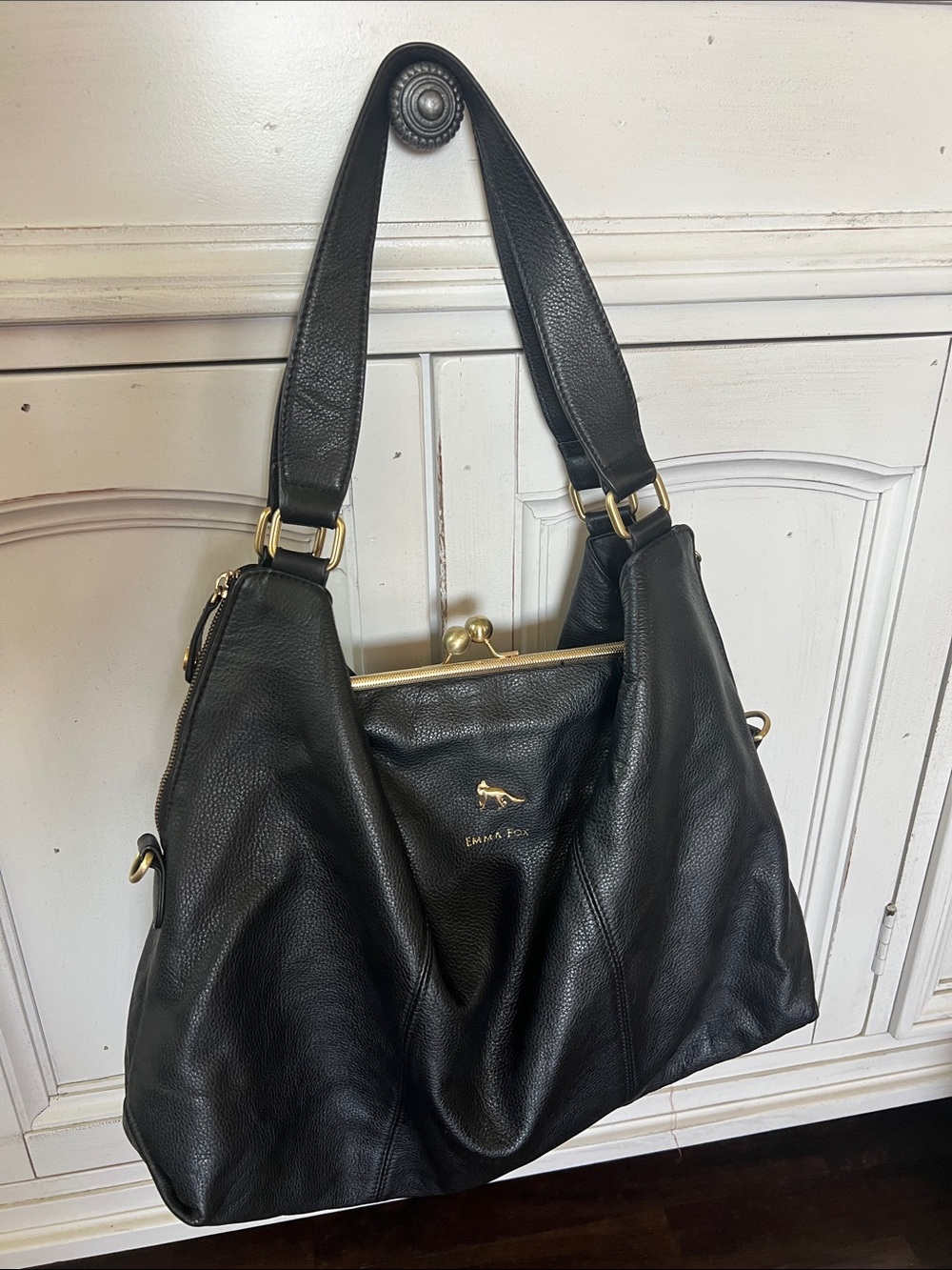 Large Emma Fox Black Leather Shoulder Bag with Gold Accents